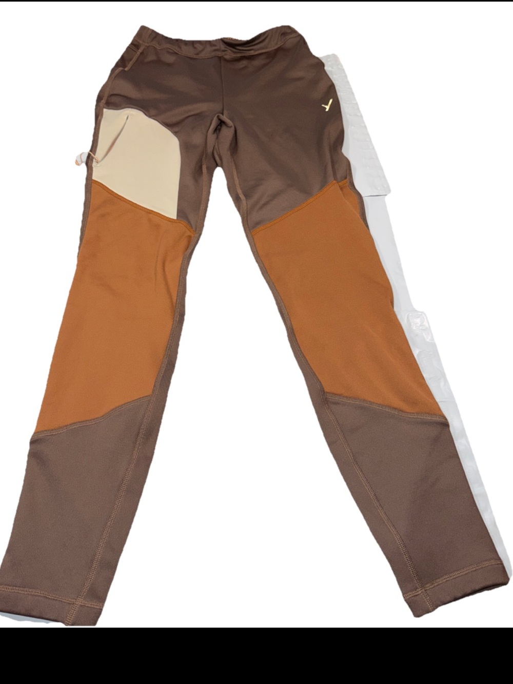 Indyeva Brown Tan Color Block Leggings Women’s S Zip Up Stash Leg Pocket Lined